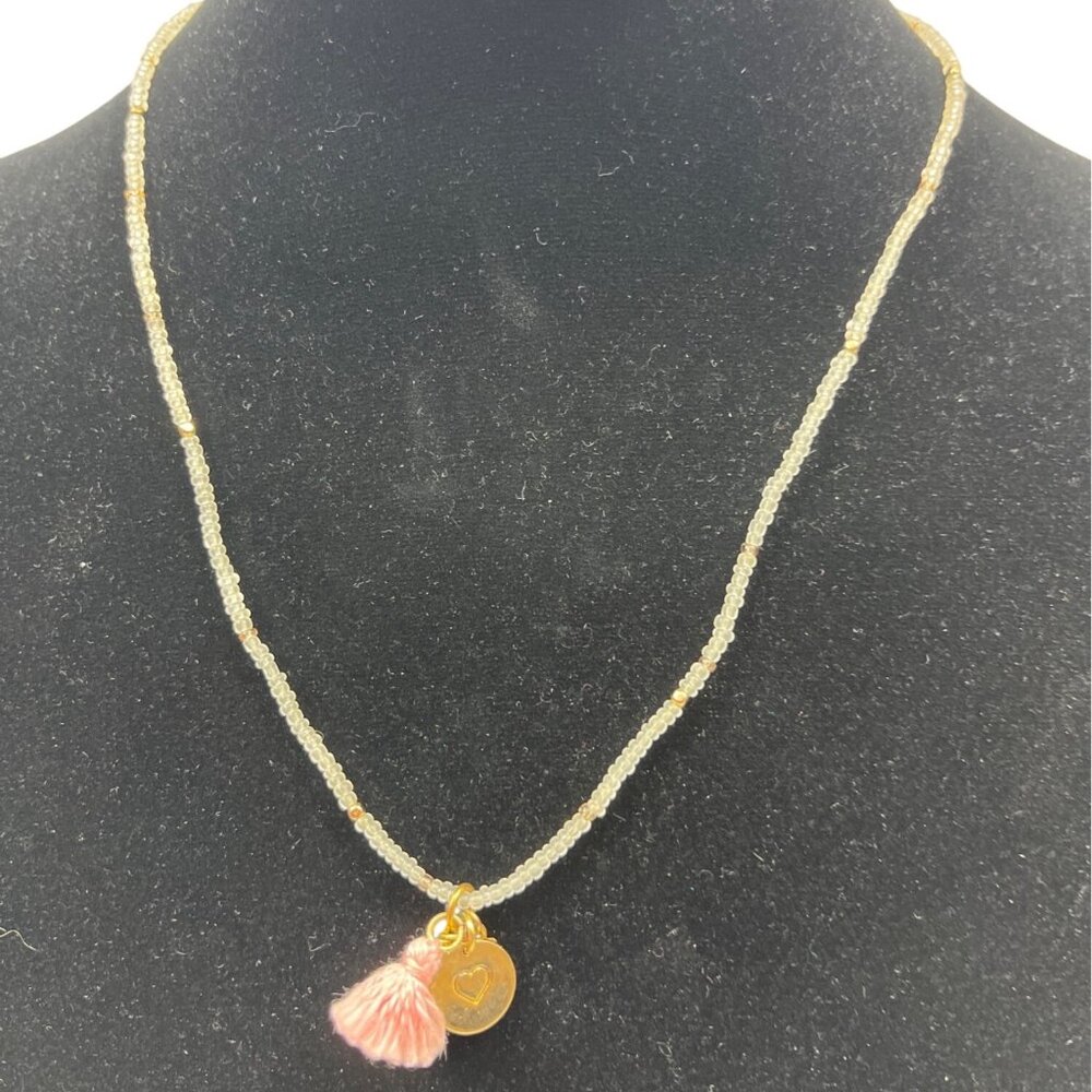 Beaded Necklace With Gold "Love" Charm & Pink Tassel A210